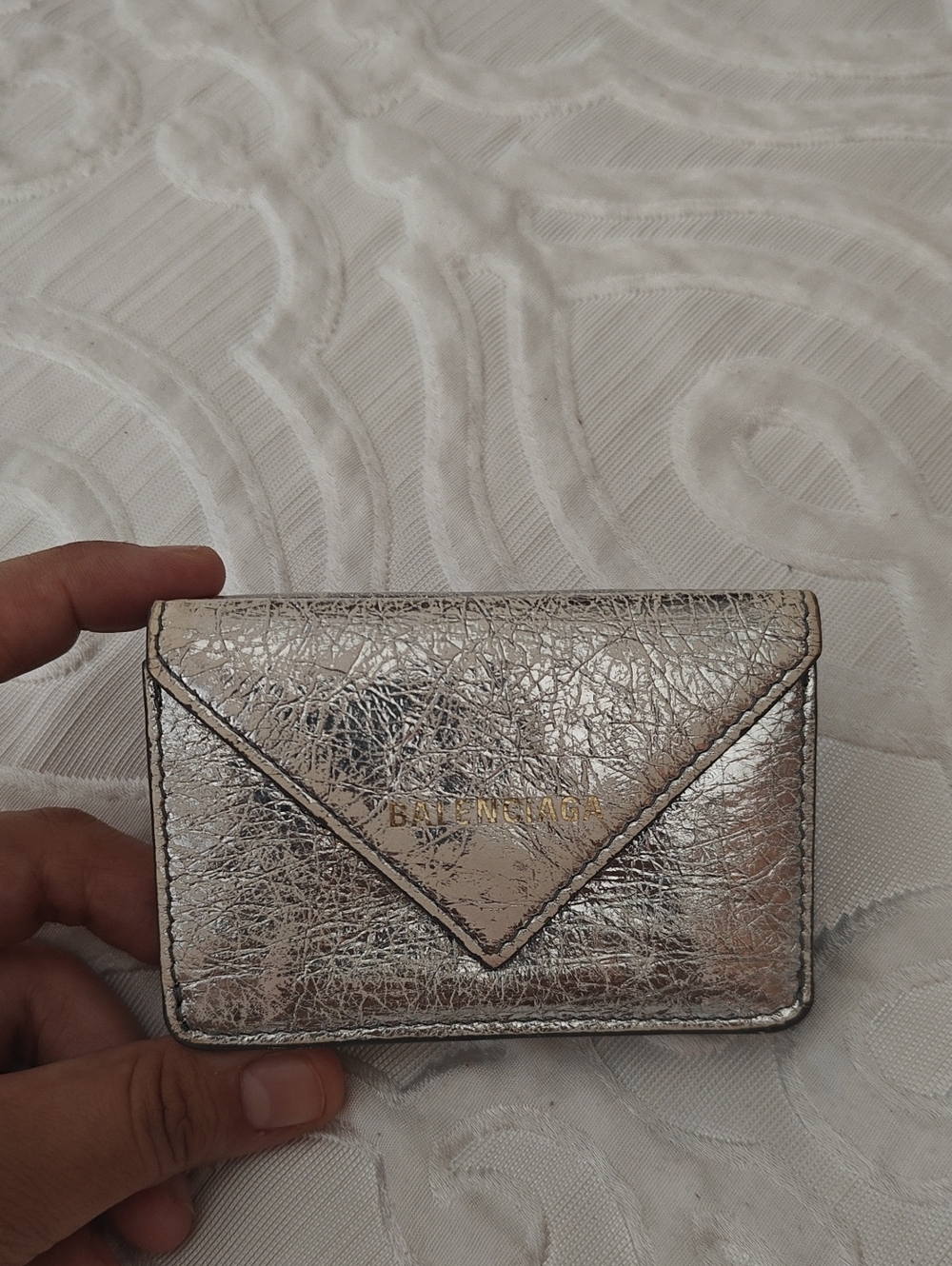 Vintage Balenciaga Metallic Silver Crinkled Leather Card Case - Picture 1 of 9